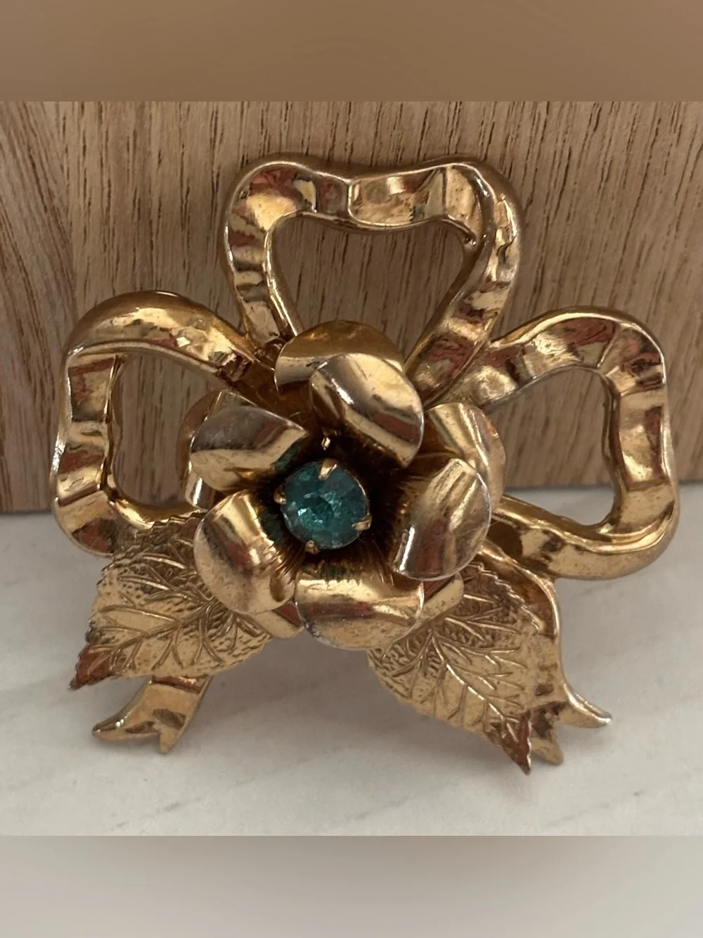 Coro 1940's Blue Rhinestone Flower Bow Brooch Vintage Layered Leaves